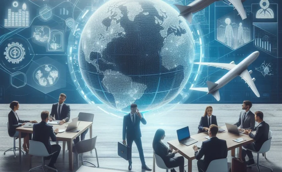 Uma equipe de profissionais em uma sala de reuniões moderna, discutindo estratégias globais de negócios, com um globo digital interativo e aviões em segundo plano.